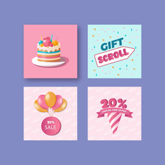 Set of 4 colorful square illustrations for social media: birthday cake, gift scroll, sale with balloons, and 20% discount cone. Great for online shops, kids stores, and festive promotions.