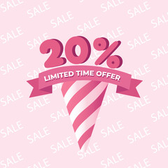 Playful promotional banner with "20% Limited Time Offer" in a candy-striped cone shape. Pink pastel background with repeating SALE text. Perfect for seasonal sales, e-commerce, and social media.