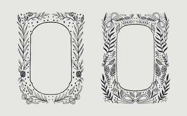 Floral frame and ribbon bow border set hand drawn illustration with flowers, blooms, branch. line art style. Perfect for wedding, cards or invitation.