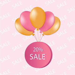 Colorful vector banner with golden and pink balloons holding a round 20% SALE tag. Repeating SALE text in background. Great for online shop promotions and festive marketing.