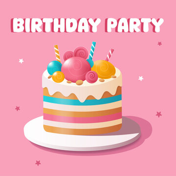Bright birthday cake decorated with colorful candy balls, lollipops and candles on a pink background. Perfect for party invitations, children&rsquo;s events, and festive designs.