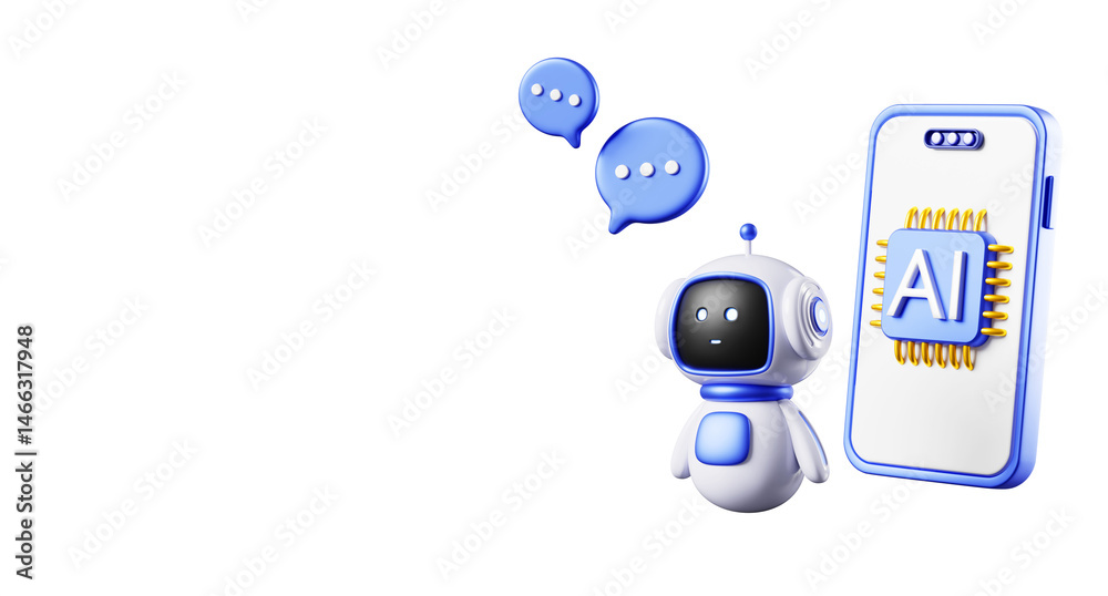 Fototapete GPT customer service 3d banner. Mobile chatbot app with ai chip on screen, robot bot, speech bubble chat. ChatGPT technology online communication, support with artificial intelligence
