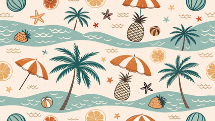 Obraz premium Fun vintage seamless design with tropical elements and beach vibes