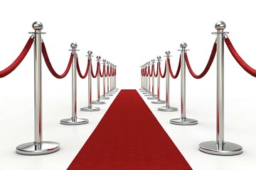 Alternating stanchions with taut red velvet ropes forming an elegant barrier. Symmetrical alignment creates a sense of sophistication and orderliness, isolated on a white background