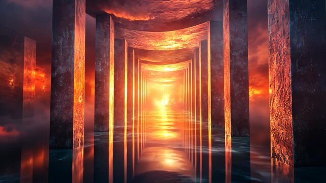 Fiery sunset reflected in a surreal, columned hall over water