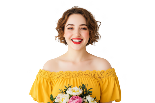 A smiling woman in a yellow dress holds a bouquet of flowers, radiating happiness and confidence. Woman in business, Png, Transparent background