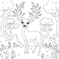 Coloring page of a graceful deer standing in a natural setting surrounded by flowers and butterflies, ideal for wildlife and nature content.