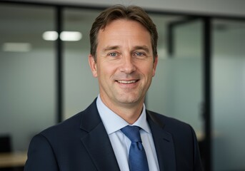 Naklejka premium Smiling professional man in suit and tie poses in front of office windows for a business portrait