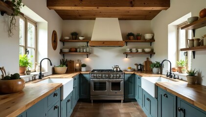 Rustic kitchen with exposed beams, farmhouse sink and wooden countertops, lighting, natural