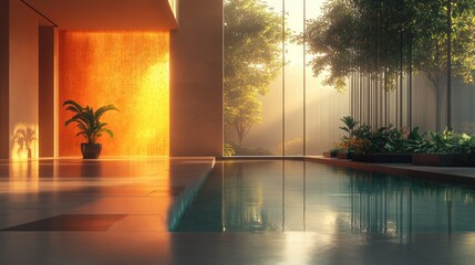 Tranquil indoor pool area bathed in morning sunlight. Lush greenery visible through large windows.  Warm, inviting ambiance