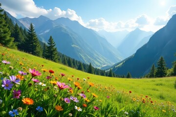 Fototapeta premium Serene mountain meadow bathed in sunlight, wildflowers in bloom , green grass, landscape, natural beauty