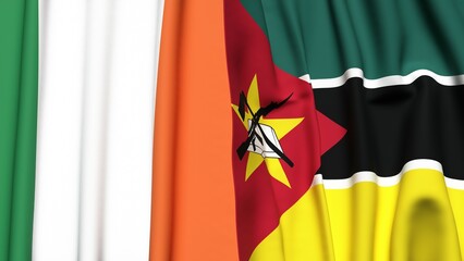 Flags of IRELAND and MOZAMBIQUE with realistic cloth texture