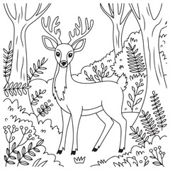 Coloring page of a graceful deer standing in a natural setting surrounded by flowers and butterflies, ideal for wildlife and nature content.