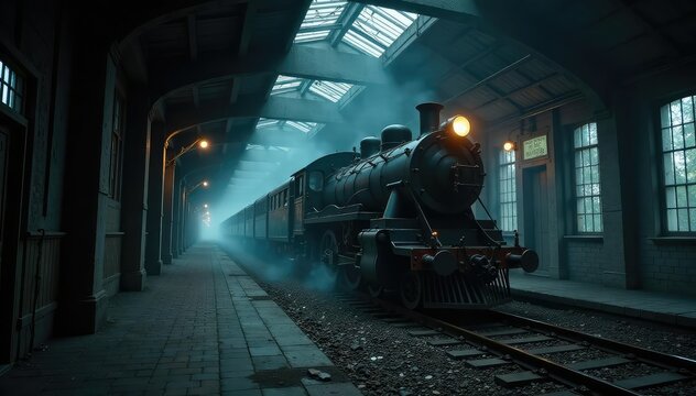 Spooky old ghost train in a dark, abandoned station Creaking wood, rusty metal, fog , horror, spectral, wood