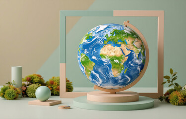 A detailed globe sits on a wooden stand within a pastel geometric frame, adorned with greenery.  Its realistic depiction emphasizes environmental awareness.