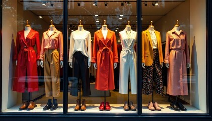 Stylishly arranged clothing in a bright boutique display window , garments, clothing, storefront design