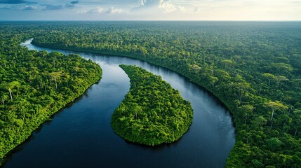 Aerial view of the Amazon jungle with a river ben“ A breathtaking natural landscape. 