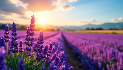 Fototapeta premium Sunlit lavender field, rows of purple flowers , rural, herb