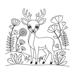 Coloring page of a graceful deer standing in a natural setting surrounded by flowers and butterflies, ideal for wildlife and nature content.