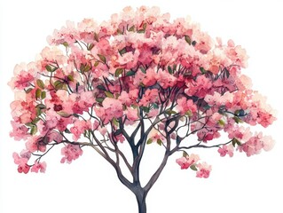 Beautiful Watercolor Illustration of Blooming Tree from Top View Isolated on White Background for Landscape and Architecture