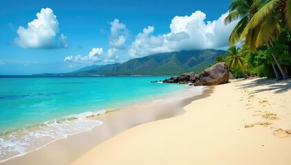 Fototapeta premium Tranquil Hawaiian beach scene with turquoise water and soft sand , scenic, tropical beach