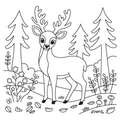 Coloring page of a graceful deer standing in a natural setting surrounded by flowers and butterflies, ideal for wildlife and nature content.