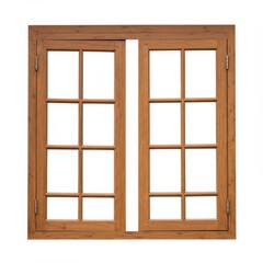 Fototapeta premium Rustic wooden window frame with glass panes, vintage brown timber window casement, classic architectural house element isolated on white background