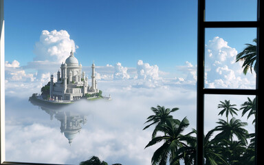 A majestic white palace, nestled on a cloud-shrouded island, reflects serenely on the misty expanse below, viewed through a window framed by palm trees and a clear blue sky.