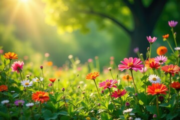 Fototapeta premium Vibrant summer colors in nature, sunlit flowers and foliage , golden hour, leaf