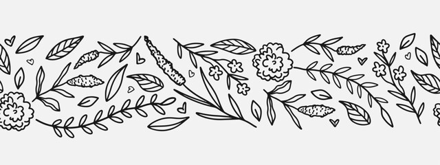 Hand drawn floral seamless pattern border. Line art style
