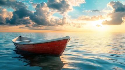 Drifting Away:  A small boat rests on the open water at sunrise or sunset.