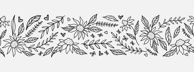 Hand drawn floral seamless pattern border. Line art style © herdesignstudio