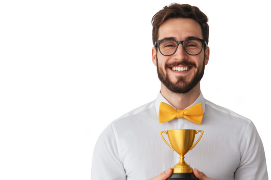 Smiling man with glasses and a yellow bow tie proudly holding a golden trophy. Woman in business, Png, Transparent background
