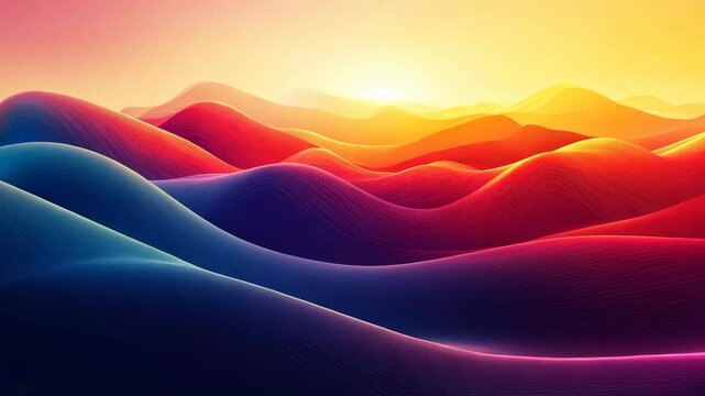 Vibrant sunset hues paint rolling hills, creating an abstract, colorful landscape