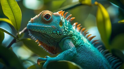 Fototapeta premium Green Iguana posing within lush foliage, a vibrant splash of nature's beauty.