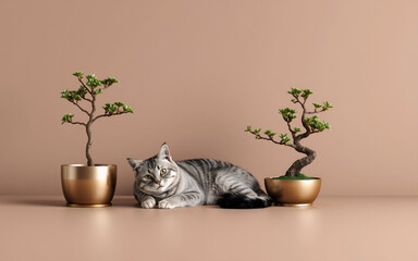 A grey tabby cat rests peacefully between two miniature bonsai trees in gold pots against a muted brown background.  The scene evokes serenity and minimalist design.