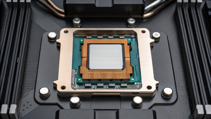 Fototapeta premium Computer processor close up on motherboard with engineering design and electronic components