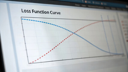 Loss function curve on computer screen illustrating engineering data analysis with red and blue dashed lines representing model performance trends