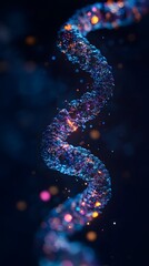 Obraz premium RNA Strand Visualization: A vibrant, glowing RNA strand, spiraling in a fluid motion against a dark background. 