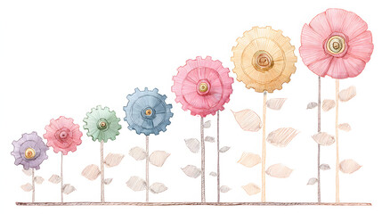 Growth Chart with Gears colorful soft pastel watercolor