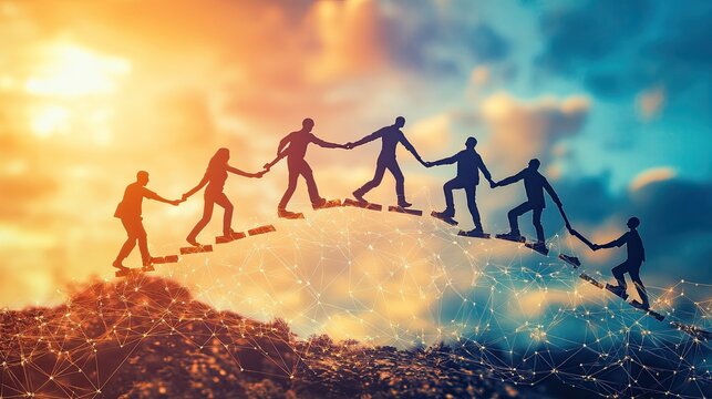 Silhouetted figures holding hands walking on stepping stones against a colorful sky background view