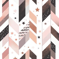 Fototapeta premium A seamless pattern of rose gold geometric shapes, chevron stripes, polka dots, and stars in a color palette of pink, grey, brown, and black.