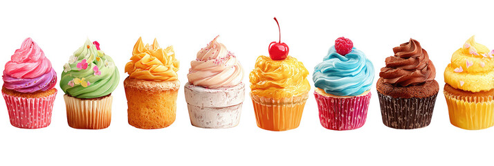 Collection Set Assortment of Colorful Cupcakes Isolated on Transparent Background

