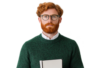 A man with red hair, beard, glasses, and a green sweater holds a closed laptop or book.