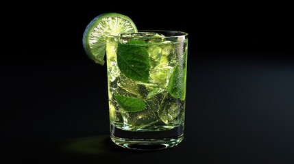 Refreshing drink with lime and mint in a glass.