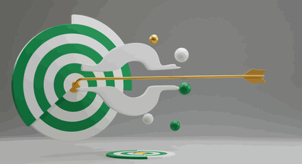 Obraz premium Abstract 3D Render Of A Golden Arrow Hitting A Green And White Target