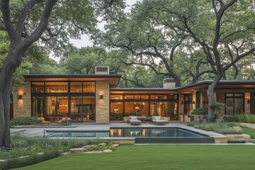 Modern, luxury home nestled in a wooded landscape.  Tranquil exterior with open-plan living spaces, featuring a pool and patio area