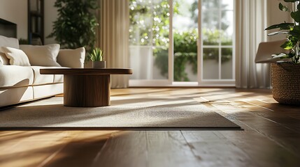 Bright living space with natural light illuminating the wooden furniture.