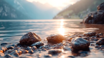 Calm waters meet rocky shores in a serene natural landscape at sunset.