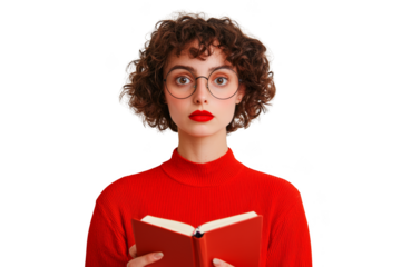Woman with curly hair and glasses wearing a red sweater, holding an open red book and looking forward. Woman in business, Png, Transparent background